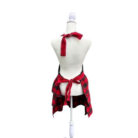 Red Plaid Christmas Holiday Apron with Embroidered Reindeer St. Nicholas Square‎ - Picture 3 of 6